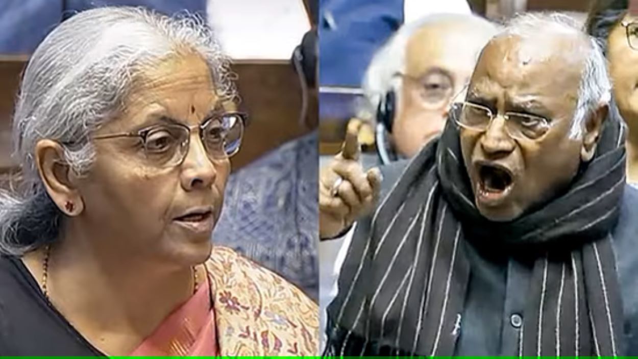 Union finance minister Nirmala Sitharaman and Congress chief Mallikarjun Kharge