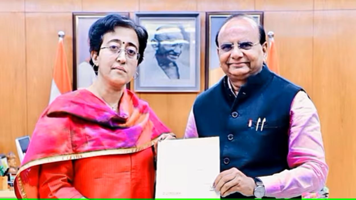 Delhi CM Atishi tenders her resignation as CM to Lieutenant Governor VK Saxena, at Raj Niwas in New Delhi on Sunday.